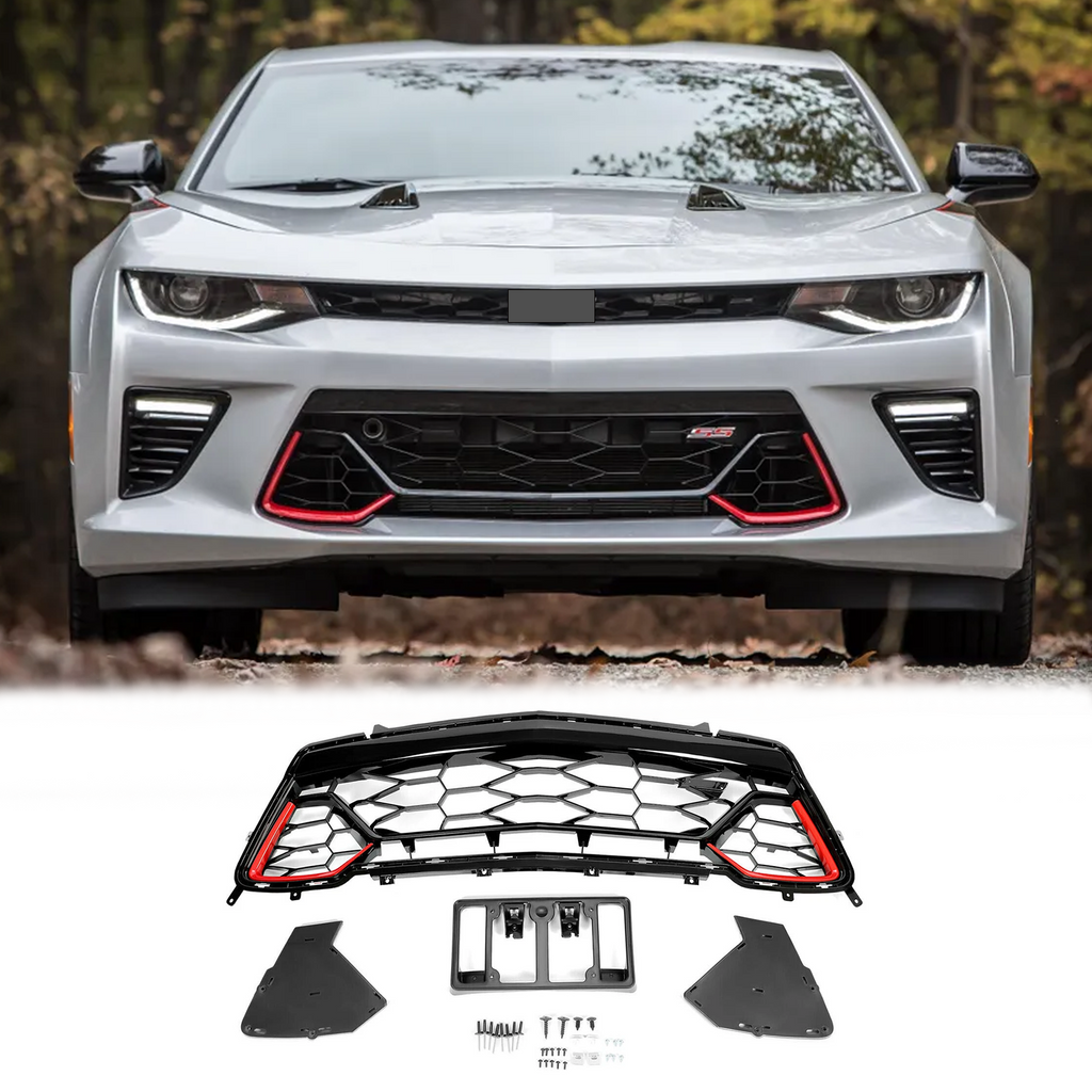 BUFEETERS Front Bumper Lower Grille Fit For 2016 2017 2018 Chevrolet Camaro SS,Mesh Style,Black&Red