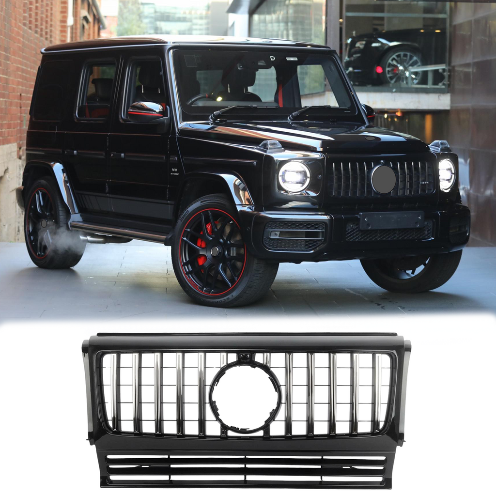 BUFEETERS  Front Bumper Upper Grille W/Camera Hole Fit For 1990-2018 Mercedes Benz W463 G-CLASS,GT/Panamericana Style,Chrome&Black