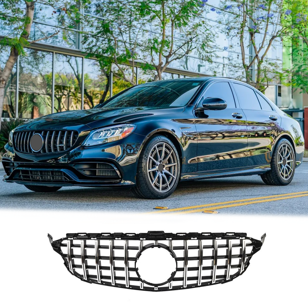 BUFEETERS Front Bumper Upper Grille W/o Camera Hole Fit For 2015 2016 2017 2018 Mercedes Benz W205 C-CLASS Pre-facelift ,GT Style,Chrome&Silver
