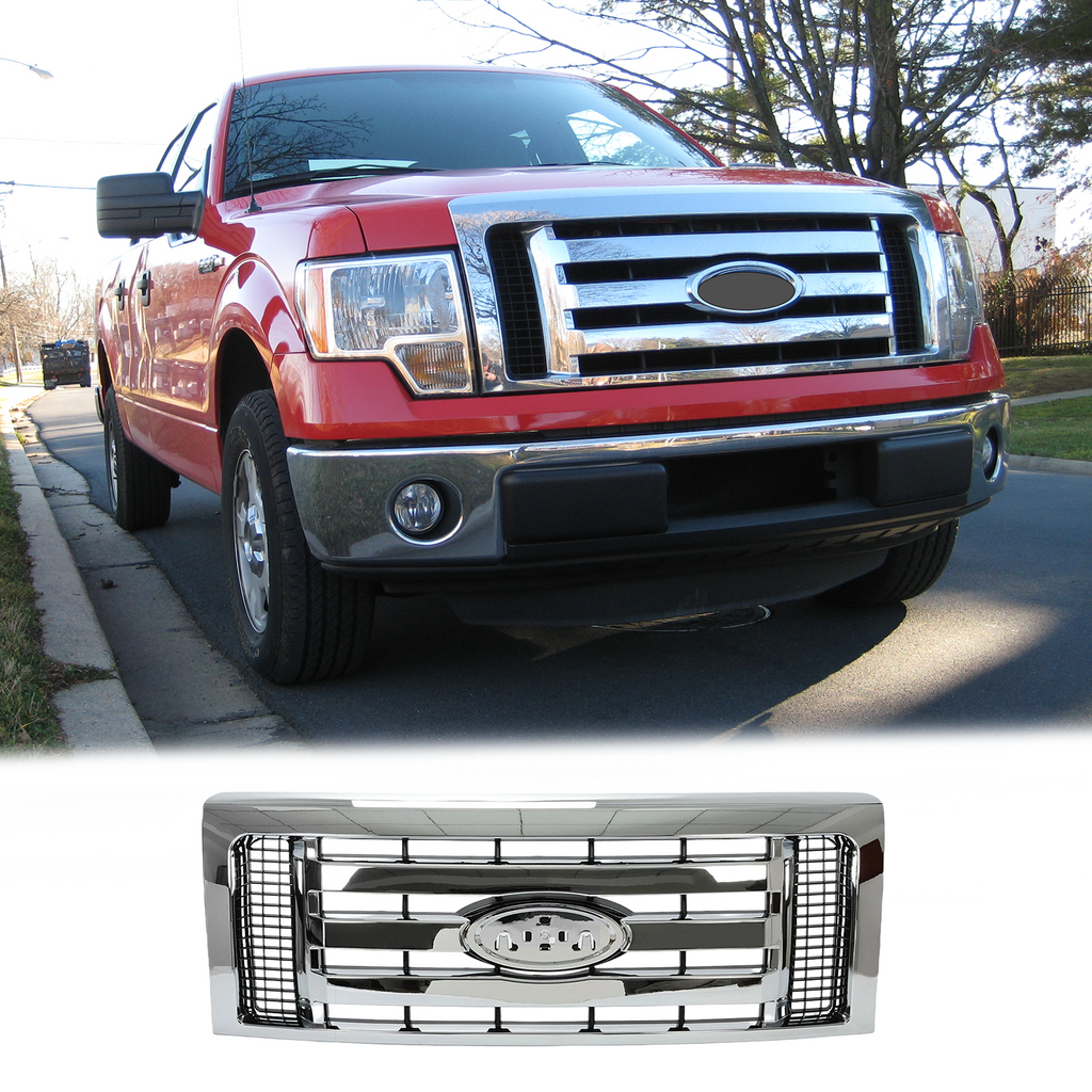 BUFEETERS  Front Upper Grille Fit For 2009 2010 2011 2012 2013 2014 Ford F150 F-150 XLT,Chrome Shell w/ Black Insert