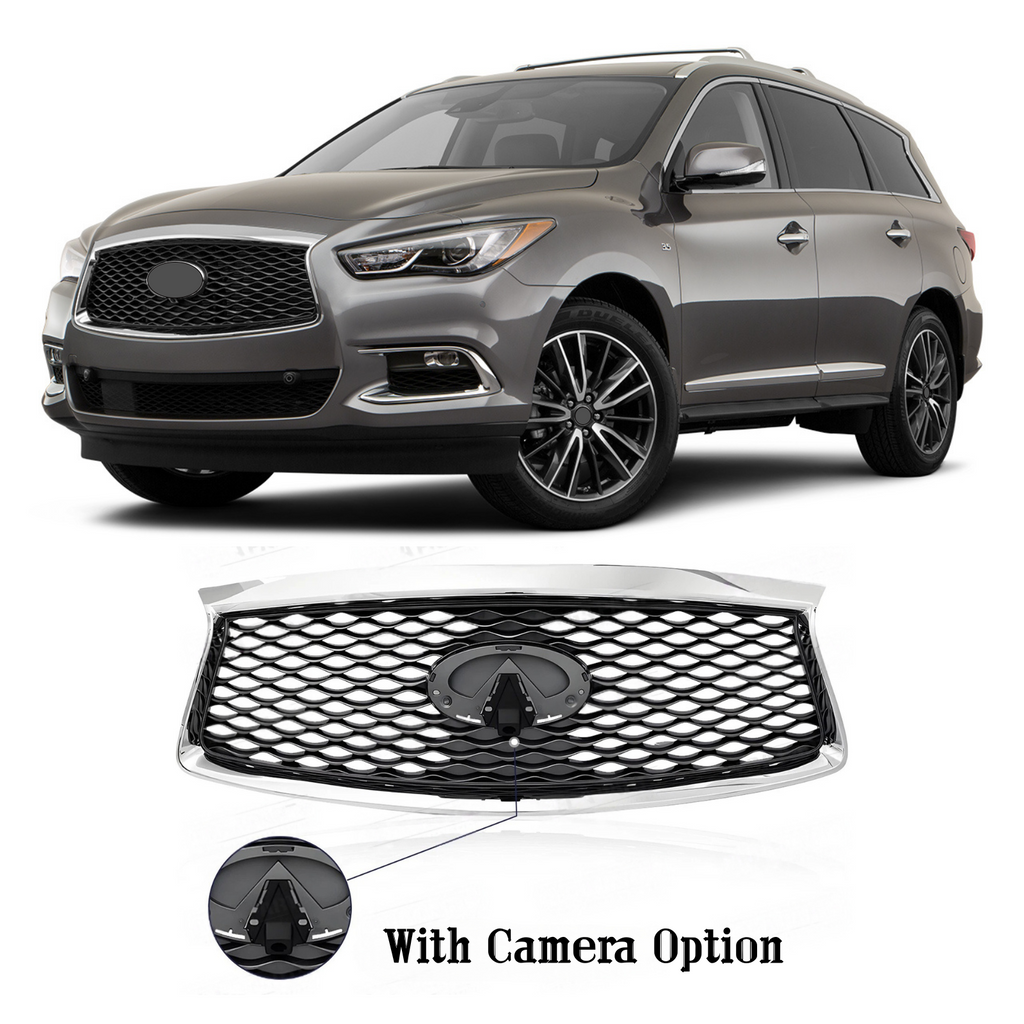 BUFEETERS  Front Bumper Upper Grille With Camera Hole Fit For 2016 2017 2018 2019 2020 Infiniti QX60,Mesh Style,Chrome&Black