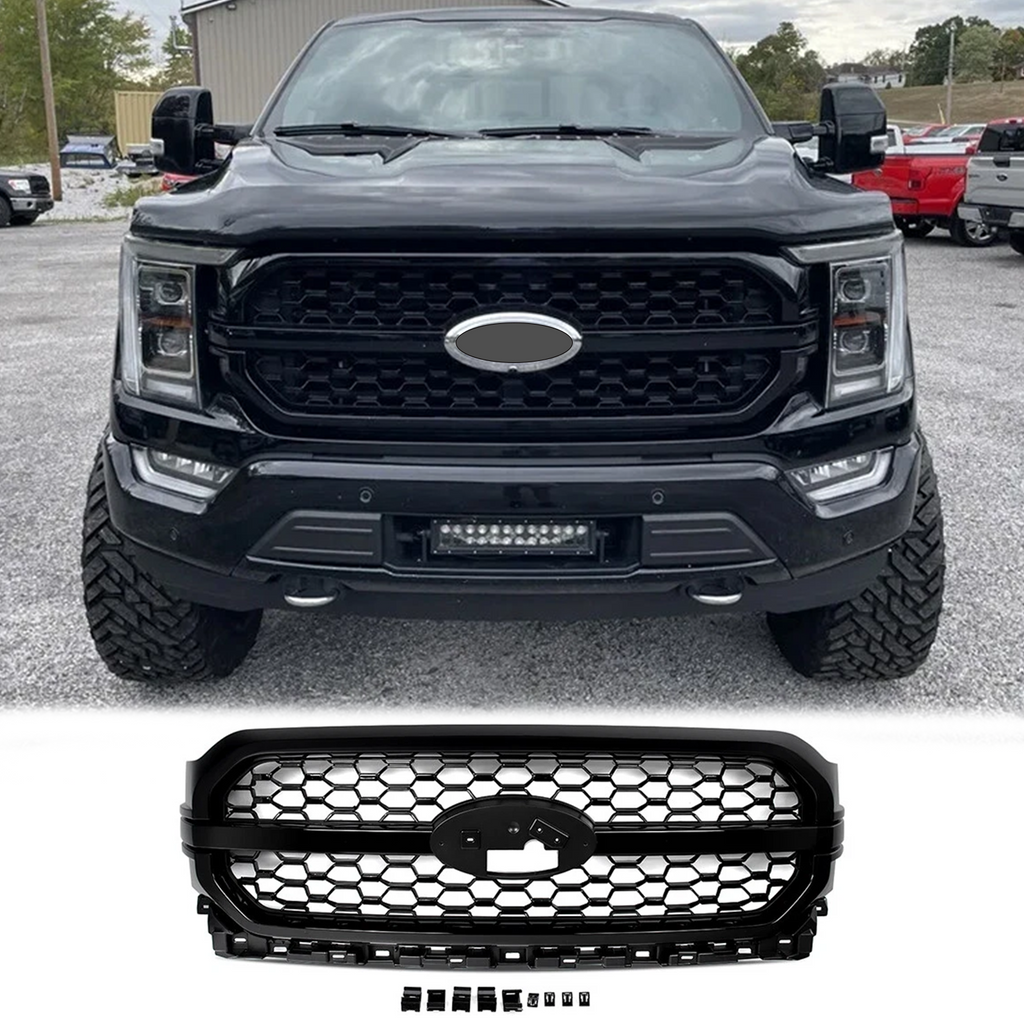 BUFEETERS  Front Bumper Upper Grille Assembly Fit For 2021 2022 2023 Ford F-150 F150,Platinum Style,Gloss Black   
 