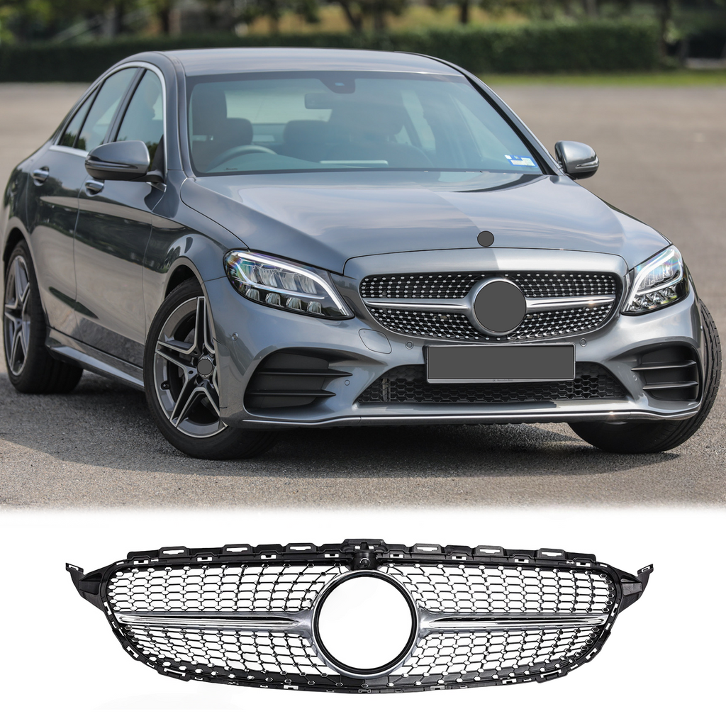 BUFEETERS  Front Bumper Upper Grille W/Camera Hole Fit For 2015 2016 2017 2018 Mercedes Benz W205 C Class C250 C300 C400,Diamond Style,Chrome&Silver