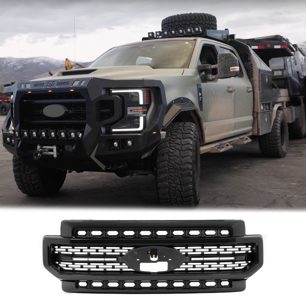 BUFEETERS Front Bumper Upper Grille Fit For 2020 2021 2022 2023 F-250 F-350 F-450 F-550 Lariat Super Duty,Mesh Style,Gloss Black