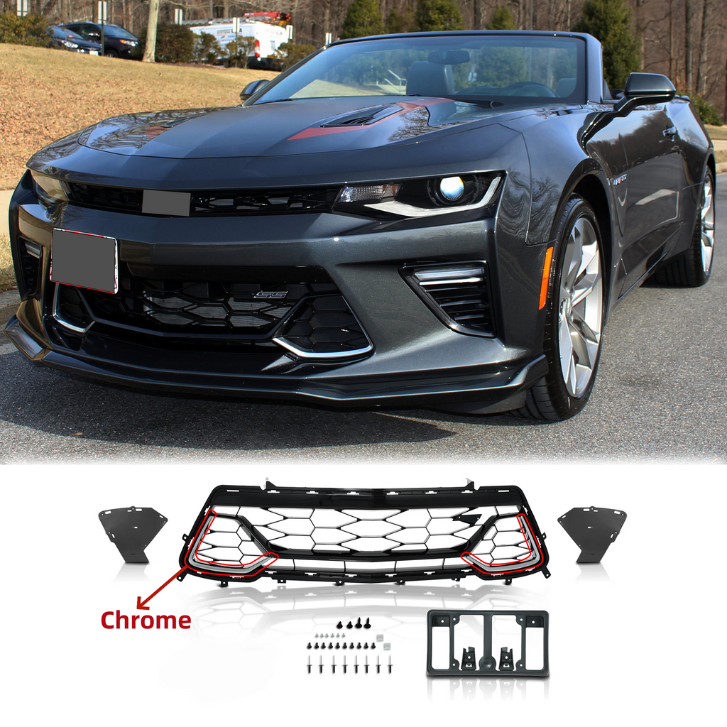 BUFEETERS Front Bumper Lower Grille Fit For 2016 2017 2018 Chevrolet Camaro SS,Mesh Style,Black&Chrome Upper Frame