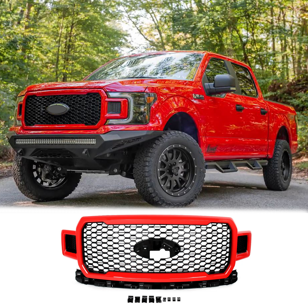 BUFEETERS  Front Radiator Grille Grill Assembly Fit For 2018 2019 2020 Ford F-150,Honeycomb Style,Race Red&Black