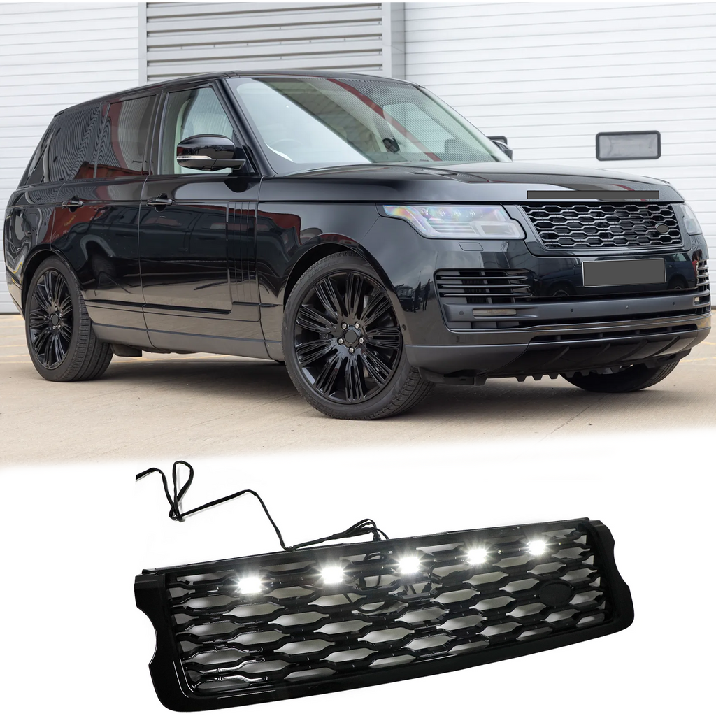 BUFEETERS Front Bumper Upper Grille w/ LED Fit For 2013 2014 2015 2016 2017 Land Rover Range Rover Vogue L405,Mesh Style,Gloss Black