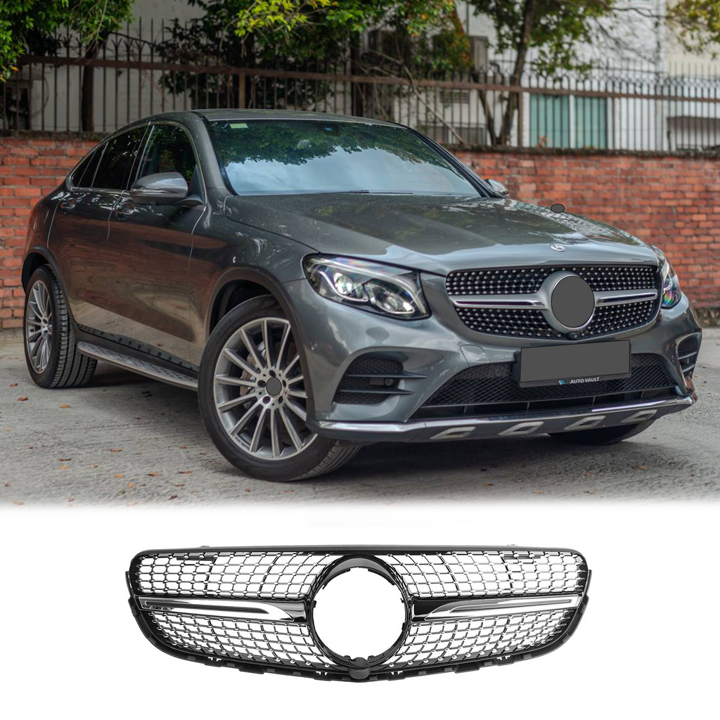 BUFEETERS  Front Bumper Upper Grille Fit For 2016 2017 2018 2019 Mercedes Benz X253 GLC250 GLC300 GLC350,Diamond Style,Chrome&Black