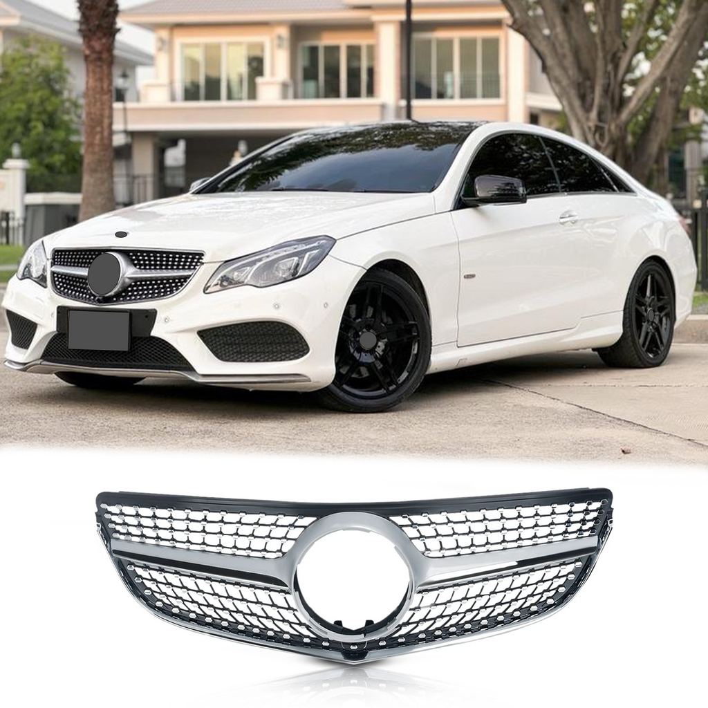 BUFEETERS  Front Bumper Upper Grille W/o Camera Hole Fit For 2014 2015 2016 2017 Mercedes Benz W207 E-CLASS Coupe Facelift,Diamond Style,Silver