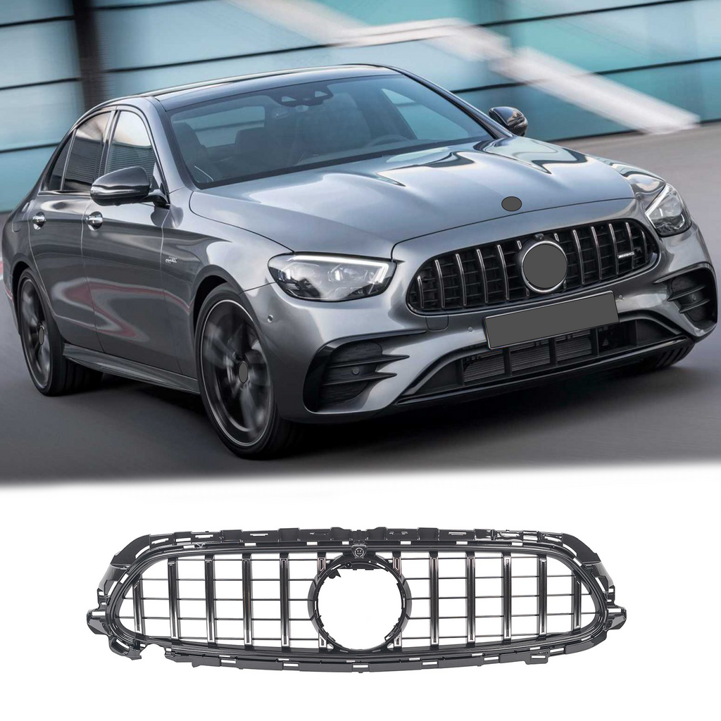 BUFEETERS  Front Bumper Upper Grille w/Camera Hole Fit For 2021 2022 Mercedes Benz W213 E350 E450,GT/Panamericana Style,Chrome&Black