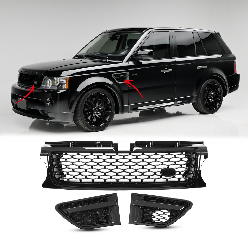 BUFEETERS  Front Grille Air Side Vent Set Fit For 2010 2011 2012 2013 Land Rover Range Rover Sport L320,Honeycomb Style,Gloss Black