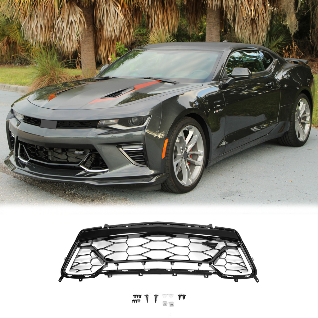 BUFEETERS Front Bumper Lower Grille Fit For 2016 2017 2018 Chevrolet Camaro SS,Mesh Style,Black&Porcelain White Upper Frame