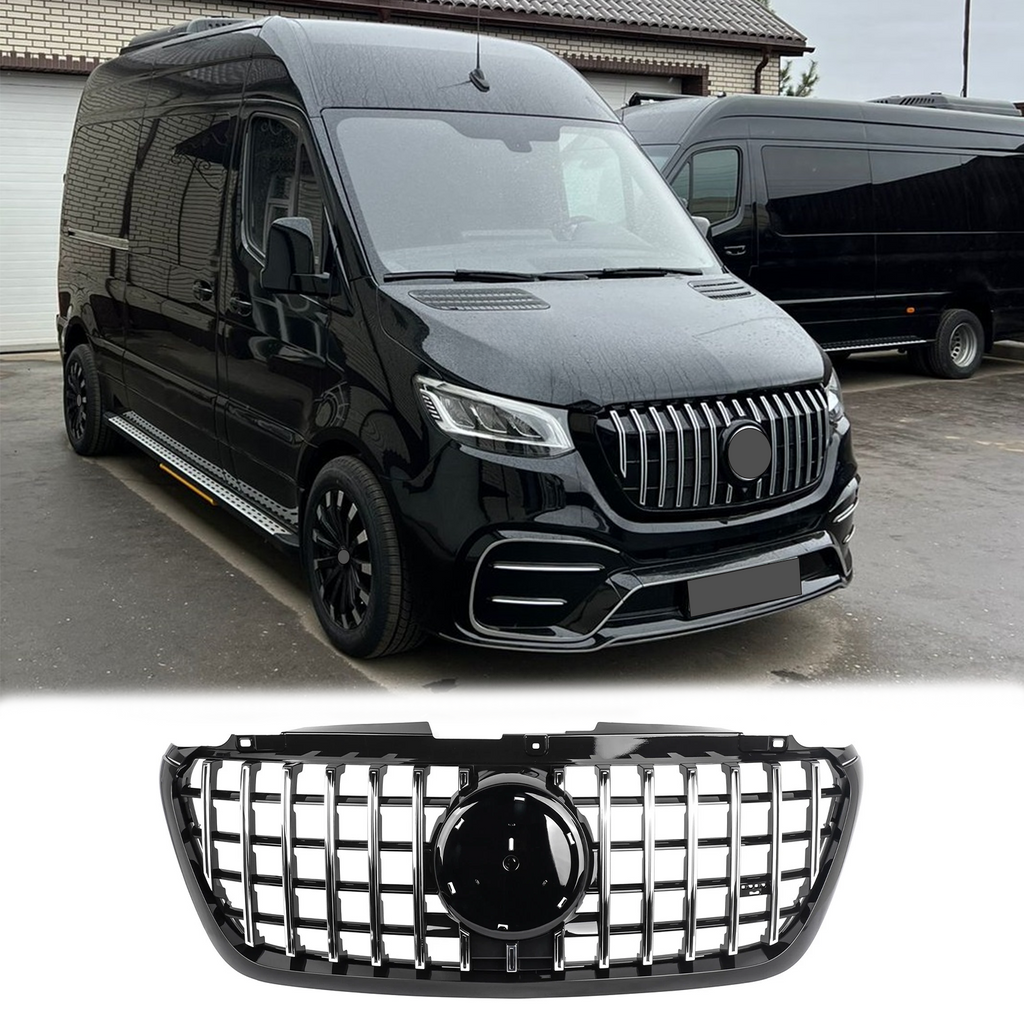 BUFEETERS  Front Bumper Upper Grille Fit For 2018 2019 2020 2021 2022 2023 2024 Mercedes Benz Sprinter 1500 2500 3500 W907 W910,GT Style,Chrome&Black