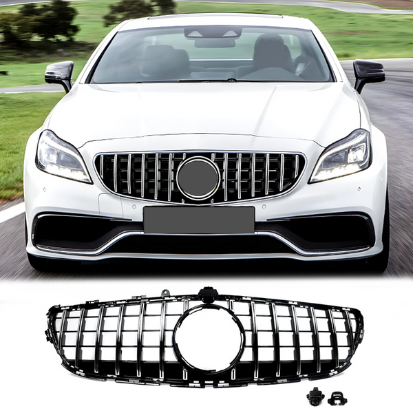BUFEETERS  Front Bumper Upper Grille W/Camera Hole Fit For 2015 2016 2017 2018 Mercedes Benz W218 CLS400 CLS550,GTR Style,Chrome&Black