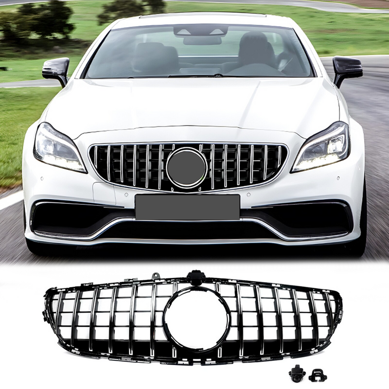 BUFEETERS  Front Bumper Upper Grille W/Camera Hole Fit For 2015 2016 2017 2018 Mercedes Benz W218 CLS400 CLS550,GTR Style,Chrome&Black