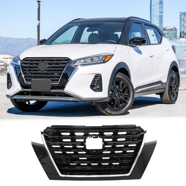 BUFEETERS   Front Bumper Upper Grille Assembly Without Camera Hole Fit For 2021 2022 2023 Nissan Kicks,Black&Chrome