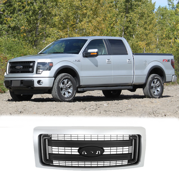 BUFEETERS  Front Upper Grille Fit For 2009 2010 2011 2012 2013 2014 Ford F150 F-150,Horizontal Billet Style,Black&Silver