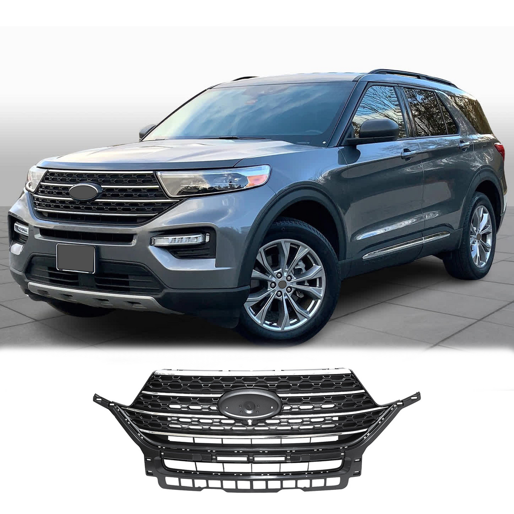BUFEETERS  Front Bumper Upper Grille Assembly Fit For 2020 2021 2022 2023 Ford Explorer XLT,Honeycomb Style,Chrome&Gloss Black