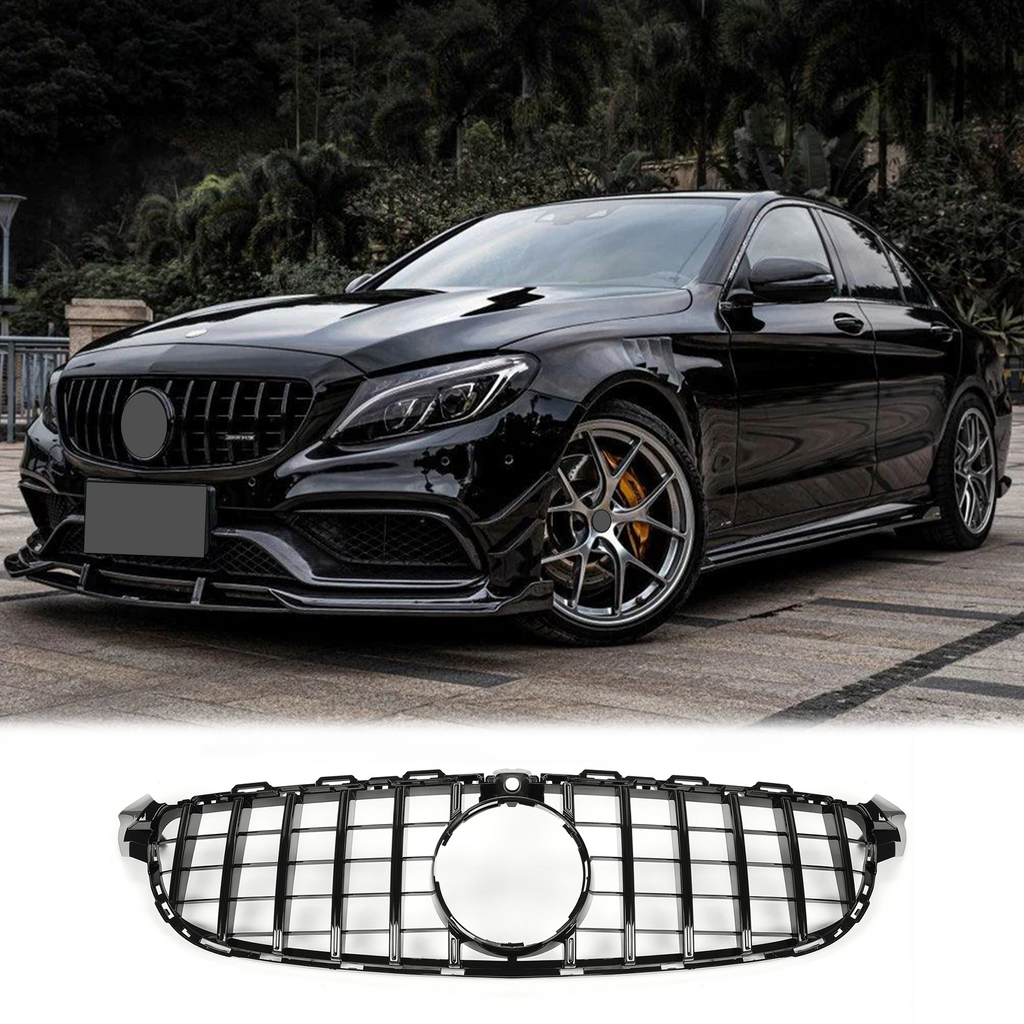 BUFEETERS  Front Upper Grille W/Camera Hole Fit For 2015 2016 2017 2018 Mercedes-Benz W205 C63 C63S AMG S,GTR Style,Gloss Black