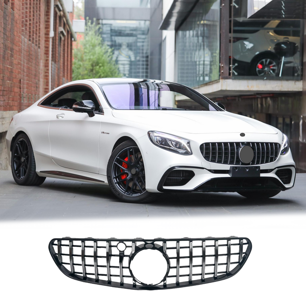 BUFEETERS  Front Upper Grille W/Camera Hole Fit For 2014 2015 2016 2017 2018 2019 2020 Mercedes Benz W217 S63 AMG Pre-/Facelift,GT Style,Chrome&Black