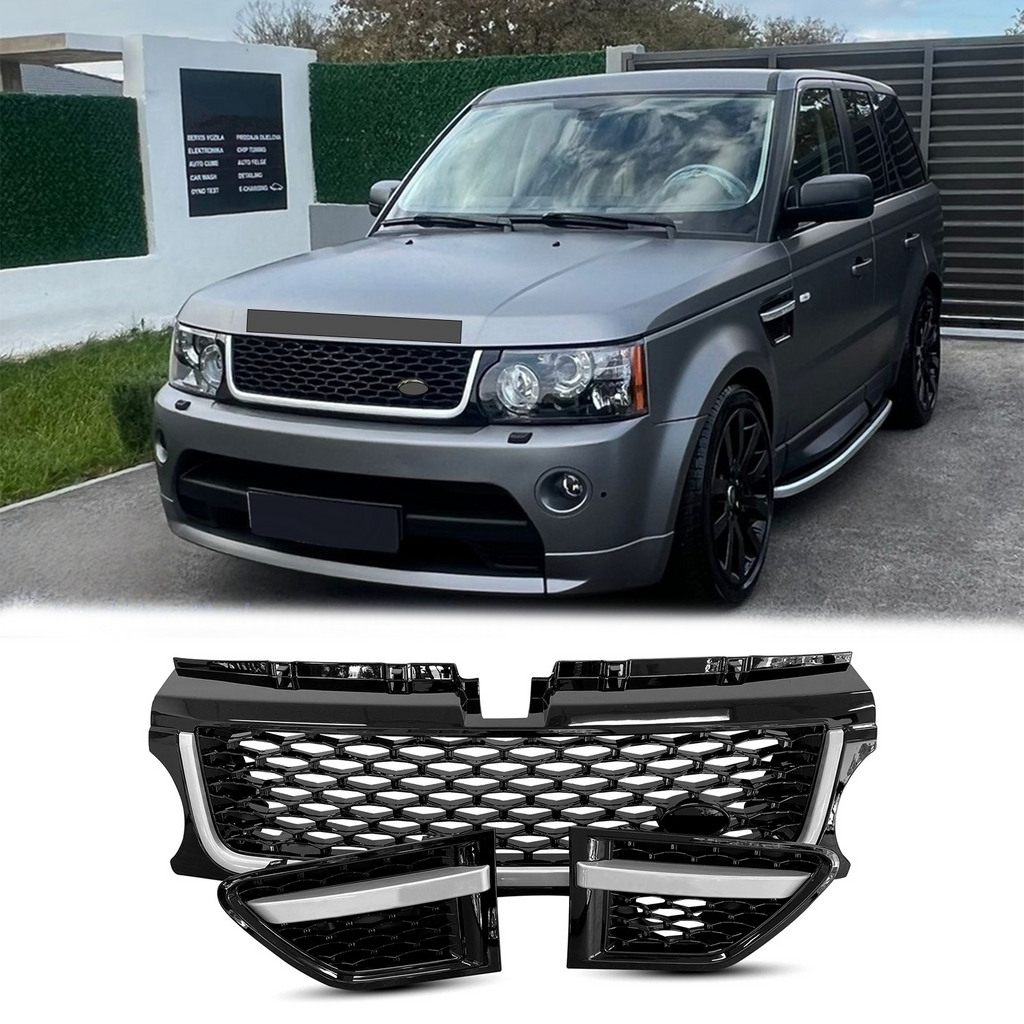 BUFEETERS  Front Grille Air Side Vent Set Fit For 2010 2011 2012 2013 Land Rover Range Rover Sport L320,Mesh Style,Black&Silver