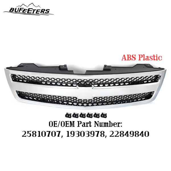 BUFEETERS Front Upper Grille Fit For 2007 2008 2009 2010 2011 2012 2013 Chevrolet Silverado 1500,Mesh insert Style,Chrome&Black