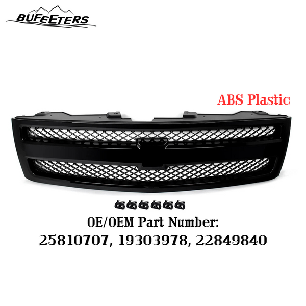BUFEETERS Front Upper Grille Fit For 2007 2008 2009 2010 2011 2012 2013 Chevrolet Silverado 1500,Mesh insert Style,Gloss Black Shell w/ Black Insert