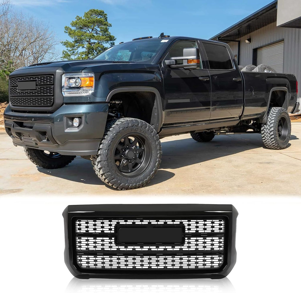BUFEETERS Front Bumper Upper Grille W/ Snap Fit For 2015 2016 2017 2018 2019 GMC Sierra 2500HD 3500HD Denali,Mesh Style,Gloss Black