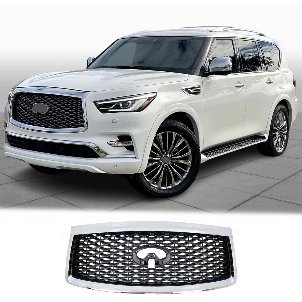 BUFEETERS  Front Bumper Upper Grille Assembly W/ Camera Hole Fit For 2018 2019 2020 2021 Infiniti QX80,Honeycomb Style,Chrome&Black