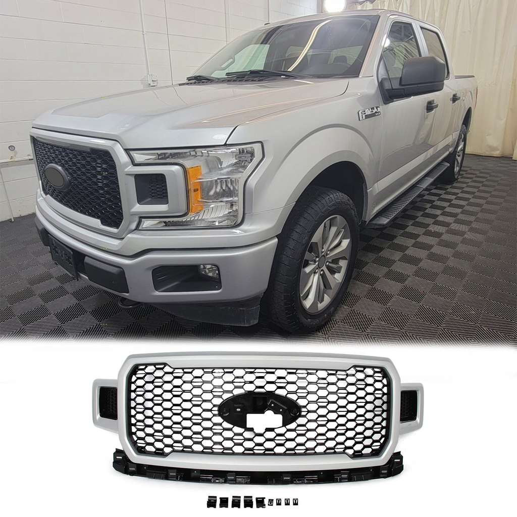 BUFEETERS  Front Radiator Grille Assembly Fit For 2018 2019 2020 Ford F-150,Honeycomb Style,Ingot Silver&Black