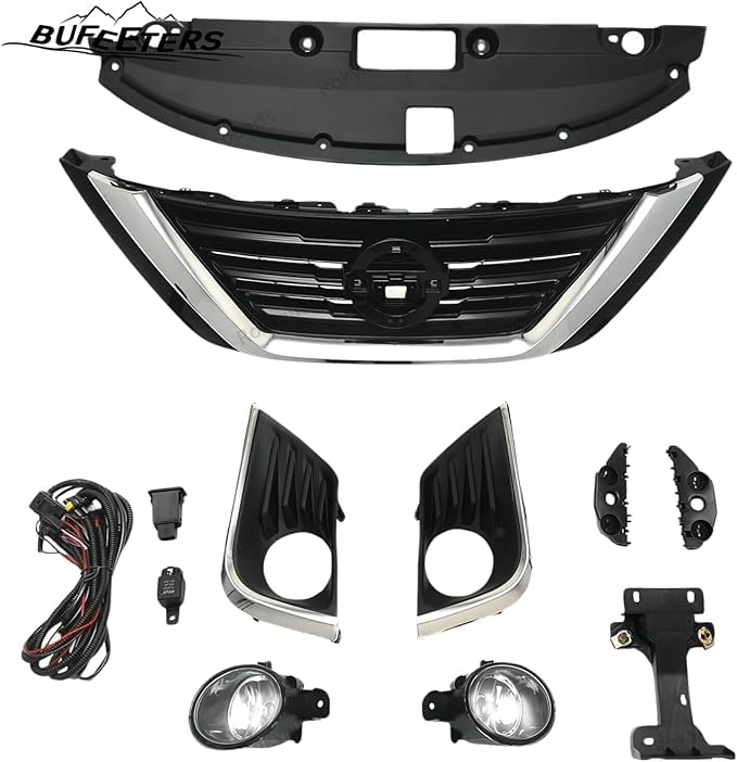 BUFEETERS  9PCS Front Grille Fog Light Kit + Radiator Cover + Bumper Bracket Fit For 2016 2017 2018 Nissan Altima,Mesh Style,Chrome&Black