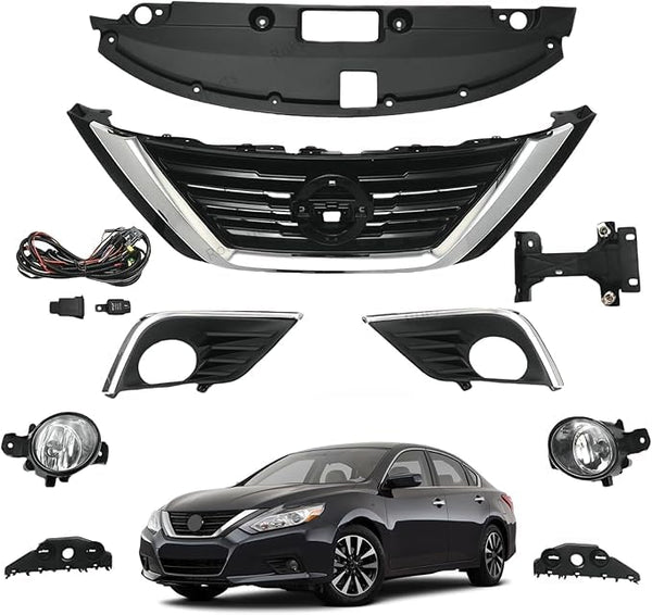 BUFEETERS  9PCS Front Grille Fog Light Kit + Radiator Cover + Bumper Bracket Fit For 2016 2017 2018 Nissan Altima,Mesh Style,Chrome&Black