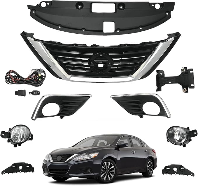 BUFEETERS  9PCS Front Grille Fog Light Kit + Radiator Cover + Bumper Bracket Fit For 2016 2017 2018 Nissan Altima,Mesh Style,Chrome&Black