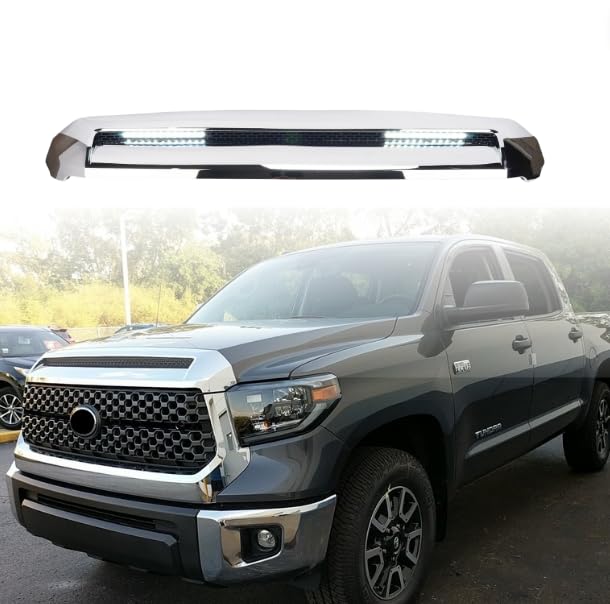 BUFEETERS  Front Hood Bulge Molding With Light  Fit For 2014 2015 2016 2017 2018 2019 2020 2021 Toyota Tundra,White+Chrome