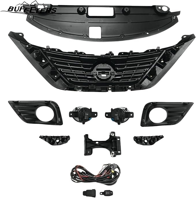 BUFEETERS  9PCS Front Grille Fog Light Kit + Radiator Cover + Bumper Bracket Fit For 2016 2017 2018 Nissan Altima,Mesh Style,Chrome&Black