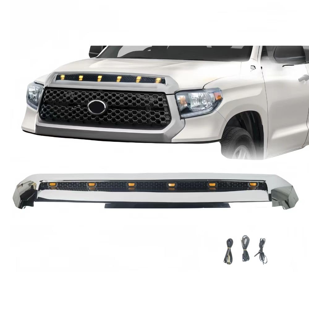 BUFEETERS  Front Upper Grille Hood Scoop Chrome w/ led Lights Lamp Fit For Toyota Tundra 2014 2015 2016 2017 2018 2019 2020 2021,Silver