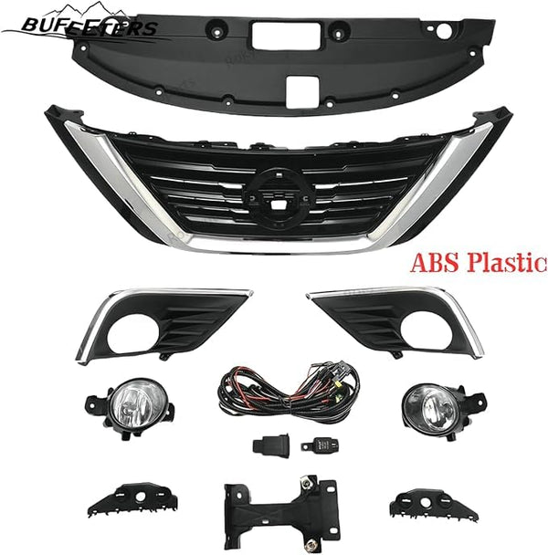 BUFEETERS  9PCS Front Grille Fog Light Kit + Radiator Cover + Bumper Bracket Fit For 2016 2017 2018 Nissan Altima,Mesh Style,Chrome&Black