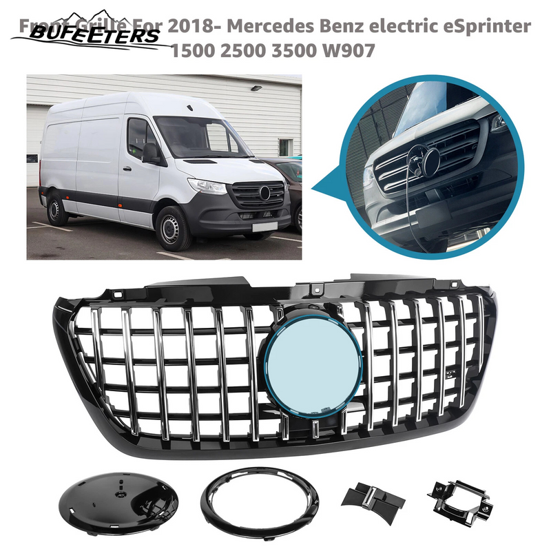 BUFEETERS  Front Bumper Upper Grille Fit For 2018 2019 2020 2021 2022 2023 2024 Mercedes Benz Sprinter 1500 2500 3500 W907 W910,GT Style,Chrome&Black