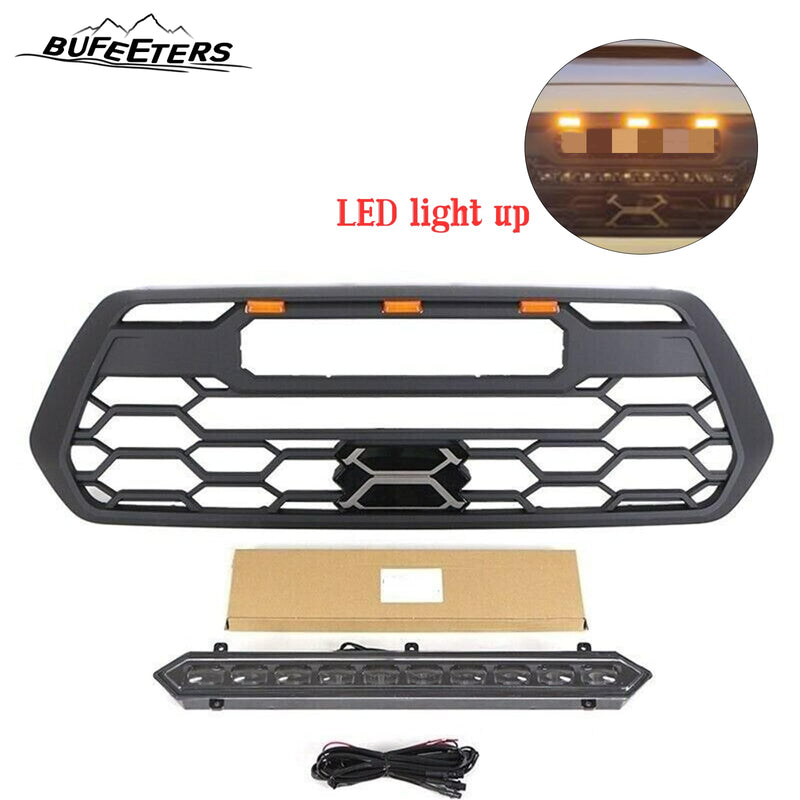 BUFEETERS   Front Bumper Grille W/Led & Light Bar Fit For 2016 2017 2018 2019 2020 2021 2022 2023 Toyota Tacoma,Mesh Style,Matte Black