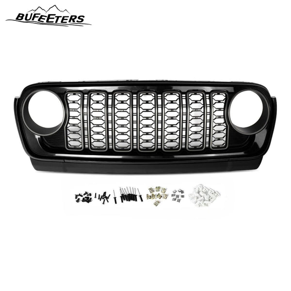 BUFEETERS  Front Bumper Upper Grille w/O Camera Hole Fit For 2018 2019 2020 2021 2022 2023 2024 Jeep Wrangler JL Gladiator JT,Mesh Style,Gloss Black