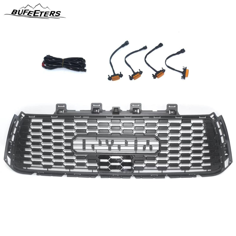 BUFEETERS Front Bumper Grille Hood Grill w/LED Amber Lights Fit For 2010 2011 2012 2013 Toyota Tundra,Mesh Style,Black