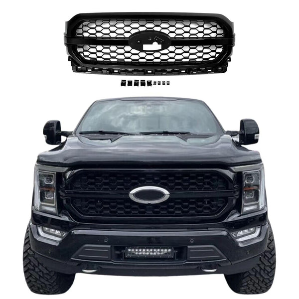BUFEETERS  Front Bumper Upper Grille Assembly Fit For 2021 2022 2023 Ford F-150 F150,Platinum Style,Gloss Black   
 