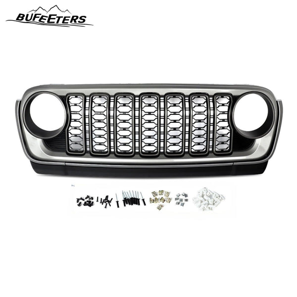 BUFEETERS  Front Bumper Upper Grille w/O Camera Hole Fit For 2018 2019 2020 2021 2022 2023 2024 Jeep Wrangler JL Gladiator JT,Rubicon Style,Matte Black&Billet Silver Metallic