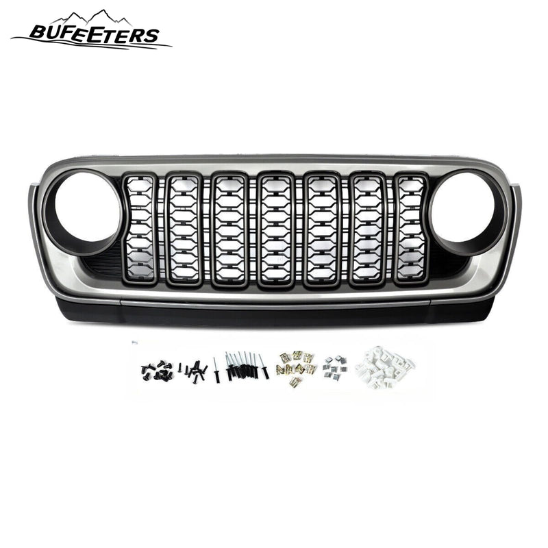 BUFEETERS  Front Bumper Upper Grille w/O Camera Hole Fit For 2018 2019 2020 2021 2022 2023 2024 Jeep Wrangler JL Gladiator JT,Rubicon Style,Matte Black&Billet Silver Metallic