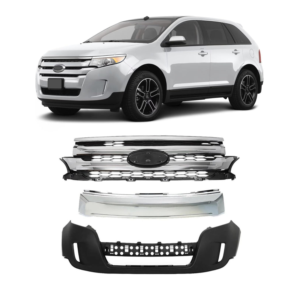 BUFEETERS Front Bumper Cover Fascia + Grilles Assembly Fit For 2011 2012 2013 2014 Ford Edge,Factory Style,Chrome&Black