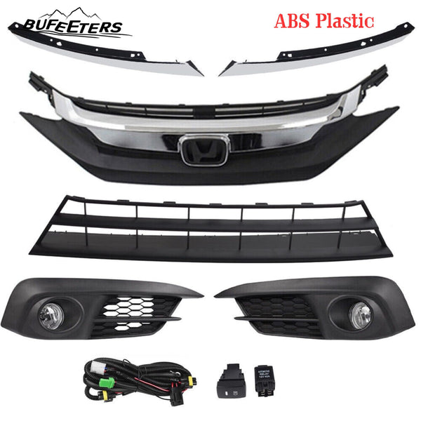 BUFEETERS  8PCS Front Upper Lower Grille&Foglights&Bezels Fit For 2016 2017 2018 Honda Civic Sedan,Factory Style,Chrome&Black