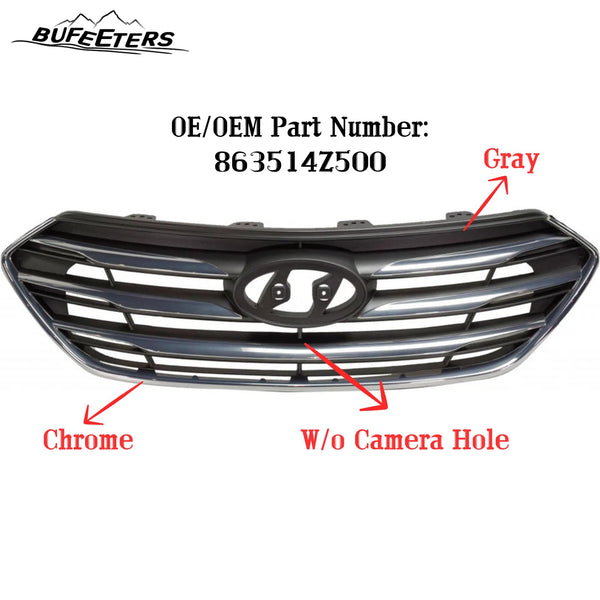 BUFEETERS    Front Bumper Grille W/o Camera Hole Fit For 2017 2018 Hyundai Santa Fe Sport,Horizontal Billet Style,Painted Gray Shell Insert W/ Chrome Molding