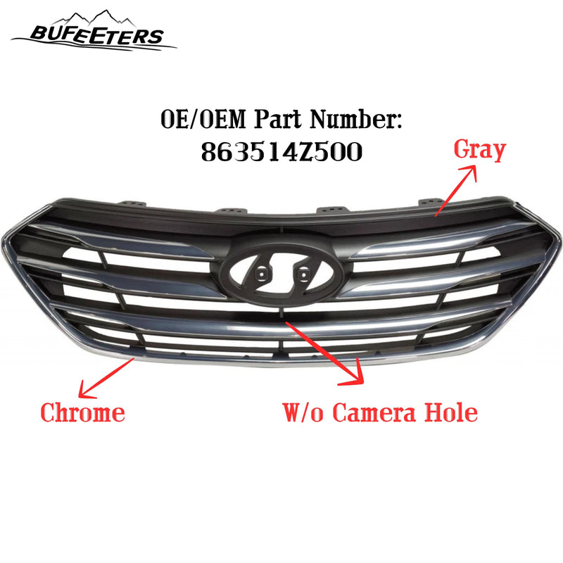 BUFEETERS    Front Bumper Grille W/o Camera Hole Fit For 2017 2018 Hyundai Santa Fe Sport,Horizontal Billet Style,Chrome&Gray