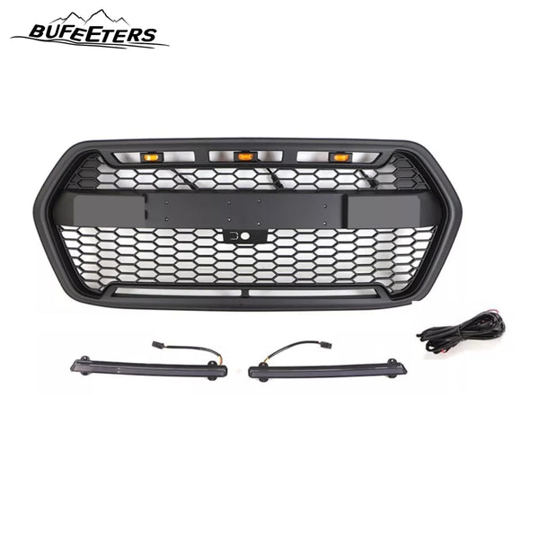 BUFEETERS Front Upper Grille W/LED &Light Bar Fit For 2020 2021 2022 2023 2024 Ford Transit 150 250 350 350H,Mesh Style,Matte Black