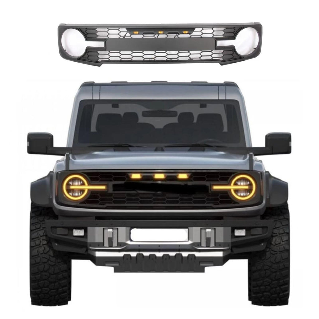 BUFEETERS  Front Bumper Upper Grille Fit For 2021 2022 2023 Ford Bronco,Raptr Style,Matte Black,Lights Amber
